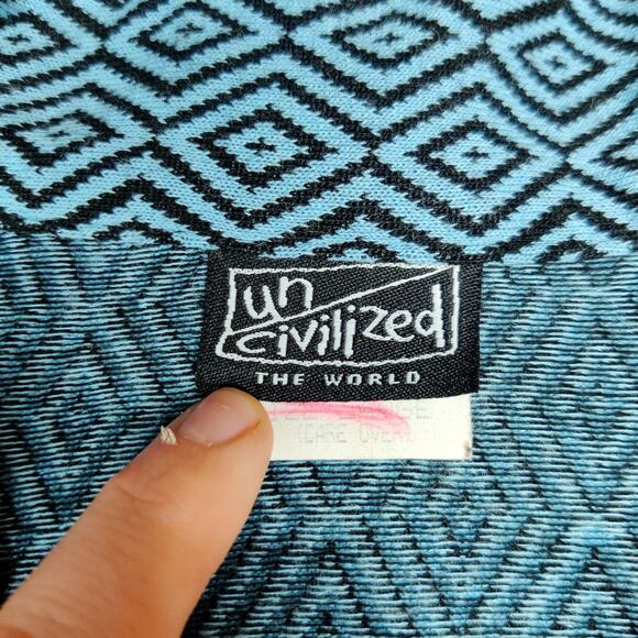 Vintage 90s UnCivilized Knit Flared Sleeve Turquoise Geometric Polo Shirt Large - Picture 7 of 11